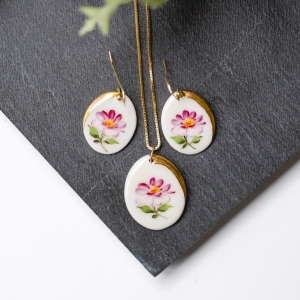 'Pink Meadow flower' porcelain jewellery set, hand painted