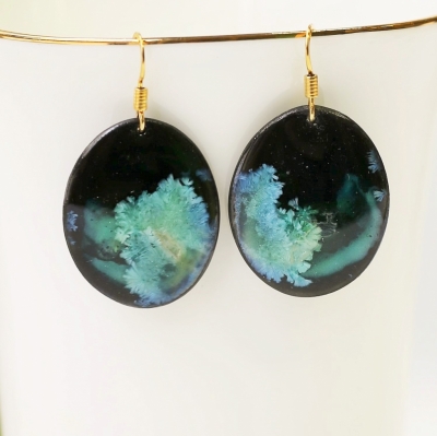 Black porcelain oval earrings misty green, Erika Albrecht ceramics