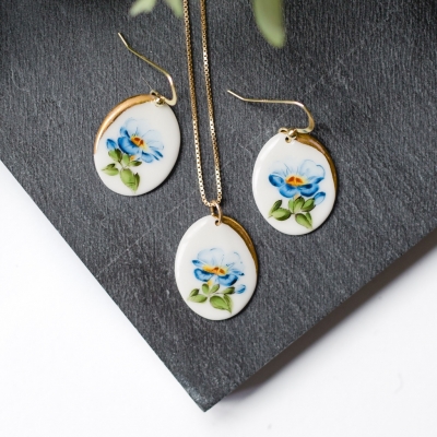 'Morning Glory' porcelain jewellery set, hand painted