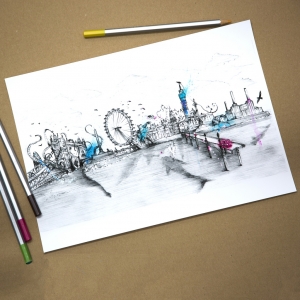London Skyline Print A4,A3, Wall Art, city,  London Cityscape,Hand Drawing,Art Print, big ben, london eye, urban art, scifi print