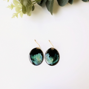 Black porcelain oval earrings misty green, Erika Albrecht ceramics