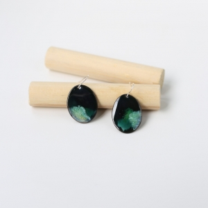 Black porcelain oval earrings misty green, Erika Albrecht ceramics