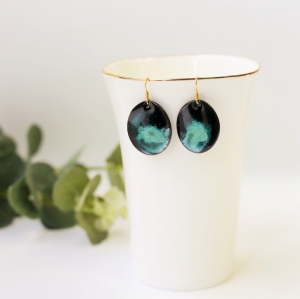 Black porcelain oval earrings misty green, Erika Albrecht ceramics