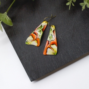 Bone China earrings, hand painted 'Floral Red'